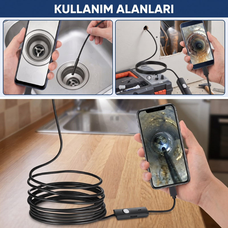 3 Metre Yılan Kamera - Android Destekli - LED Işıklı - IP67 Su Geçirmez  - 3